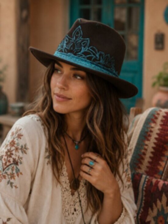Boutique Black Felt Hat w/ Turquoise Embroidery — Southwestern Boho Festival main image 13